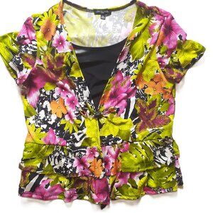 Top Notations Petites PXL Black Blouse Women Short-Sleeve Floral Pattern Stretch